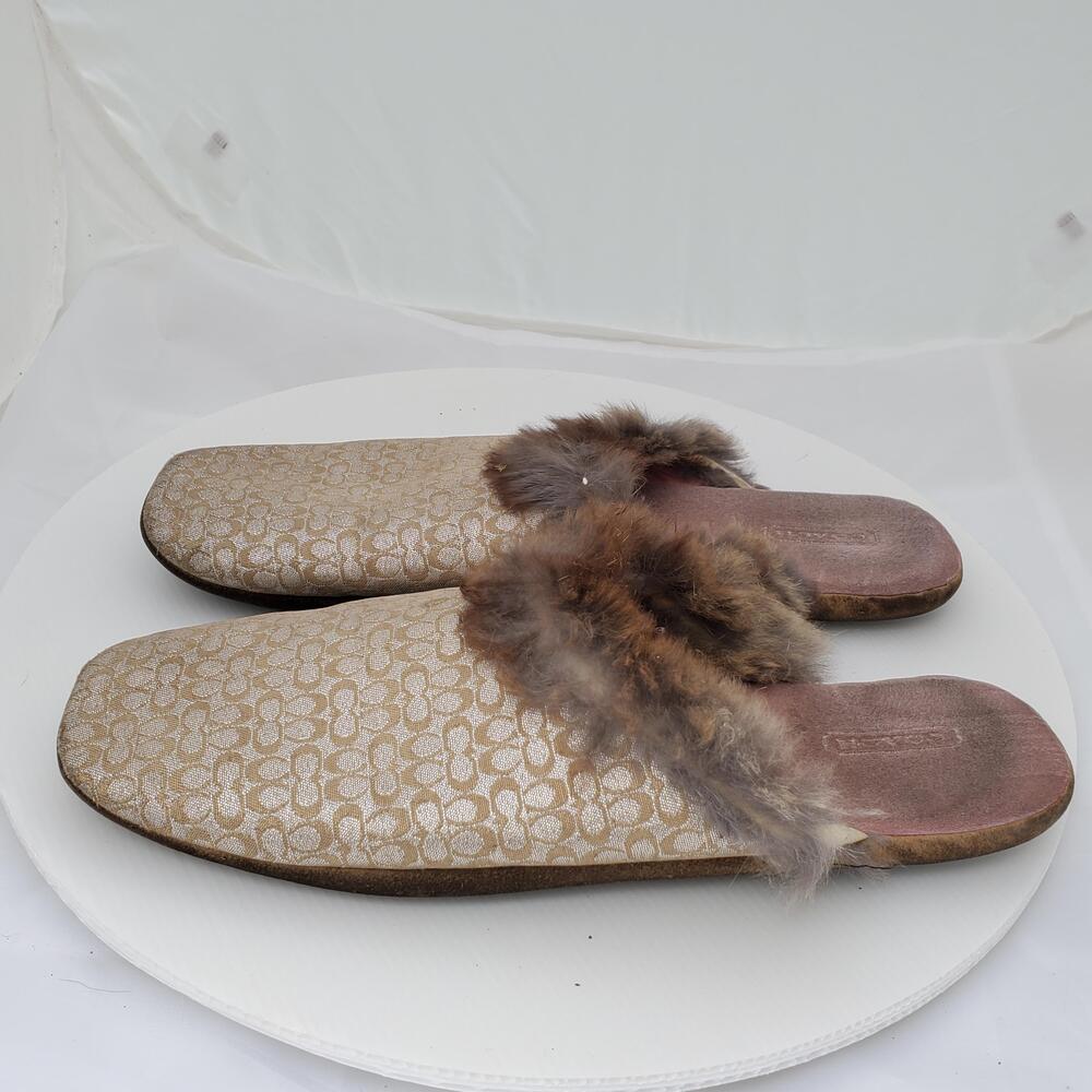 Worn Out Coach Melody Mule Slippers 10 Beige Jacquard Rabbit Fur Trim Signature